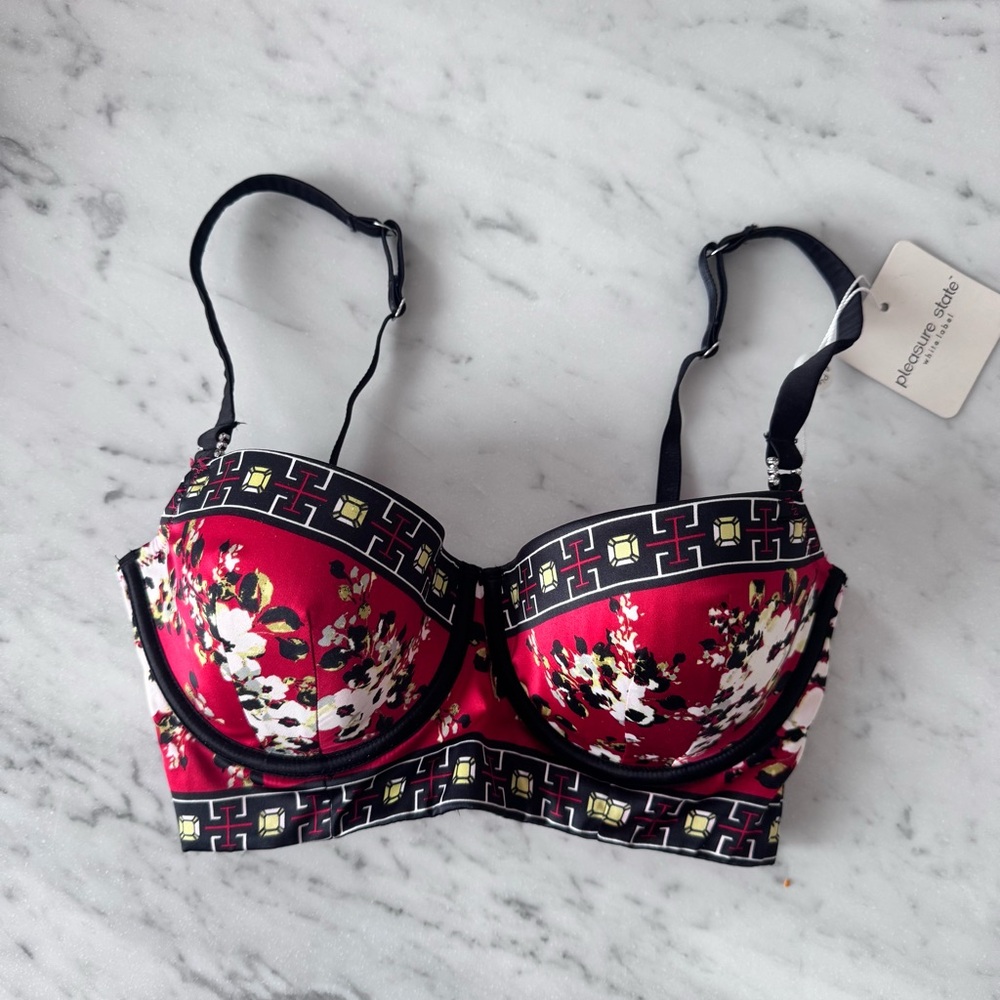 Pleasure State Bold Satin Red and Black Floral Bra with Decorative Trim